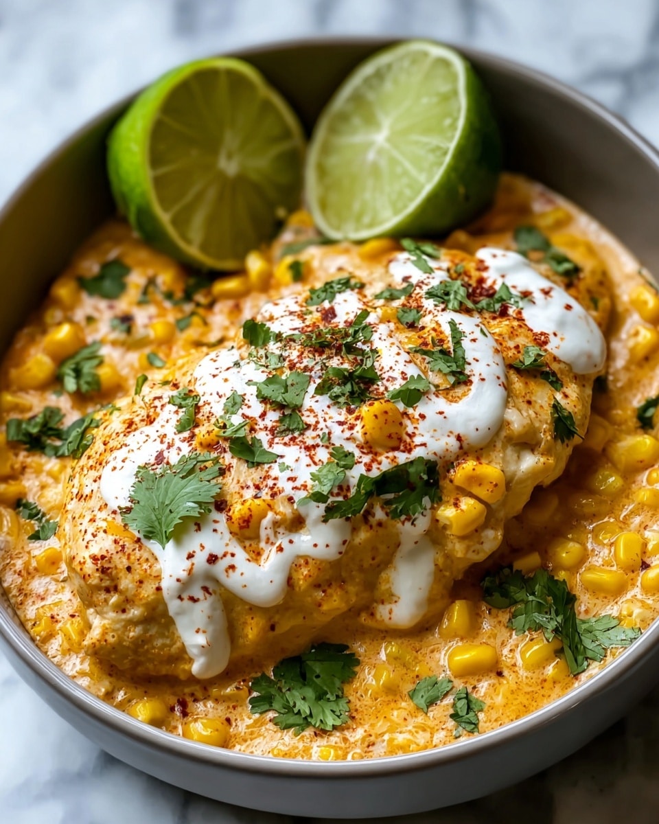 A close-up view of a dish in a white bowl, showing one large piece of creamy white chicken covered with a thick orange-yellow sauce filled with sweet corn kernels. On top of the chicken, there is a line of white cream, sprinkled with red chili powder and green cilantro leaves. At the back of the bowl, two lime halves rest, one upright and one tilted, showing their bright green outer skin and juicy light green inside. The bowl sits against a white marbled surface, highlighting the bright colors and creamy textures of the dish. Photo taken with an iphone --ar 4:5 --v 7