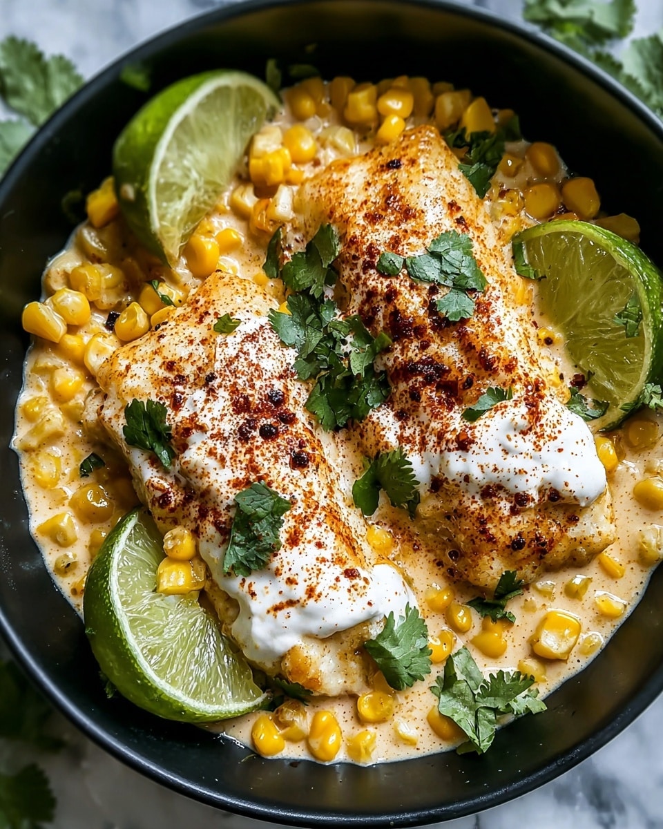 The dish shows two creamy, yellow corn-covered fish fillets placed side by side in a black bowl. The fillets are topped with a thick layer of white sour cream, sprinkled with dark red chili powder and fresh green cilantro leaves. Whole corn kernels with a shiny, slightly oily texture cover parts of the fillets and are mixed with the creamy sauce at the bottom of the bowl. On the sides of the fillets, there are two lime wedges with visible juice droplets, and some extra cilantro leaves scattered around. The background is a white marbled texture. photo taken with an iphone --ar 4:5 --v 7