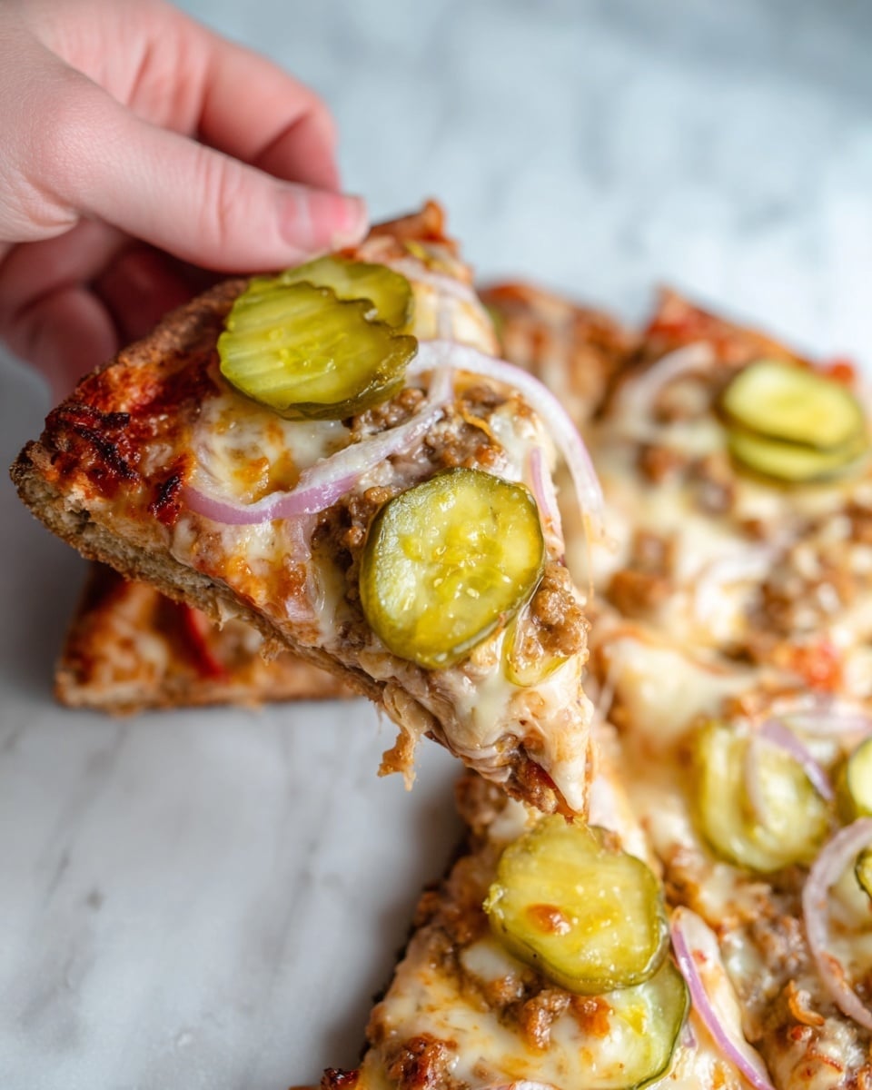 A rectangular pizza on white parchment paper over a wooden cutting board, cut into eight square slices with a thin, golden-brown crust sprinkled with sesame seeds along the edges. The first layer is melted white cheese spread evenly on the crust, topped with small bits of cooked ground meat that is brown and crumbly. On top of the meat, there are slices of red tomato and thin rings of purple onion scattered across the pizza. Thinly sliced round pickles are layered last, spread evenly over the entire surface, giving a light green color and moist texture to the pizza. Photo taken with an iphone --ar 4:5 --v 7