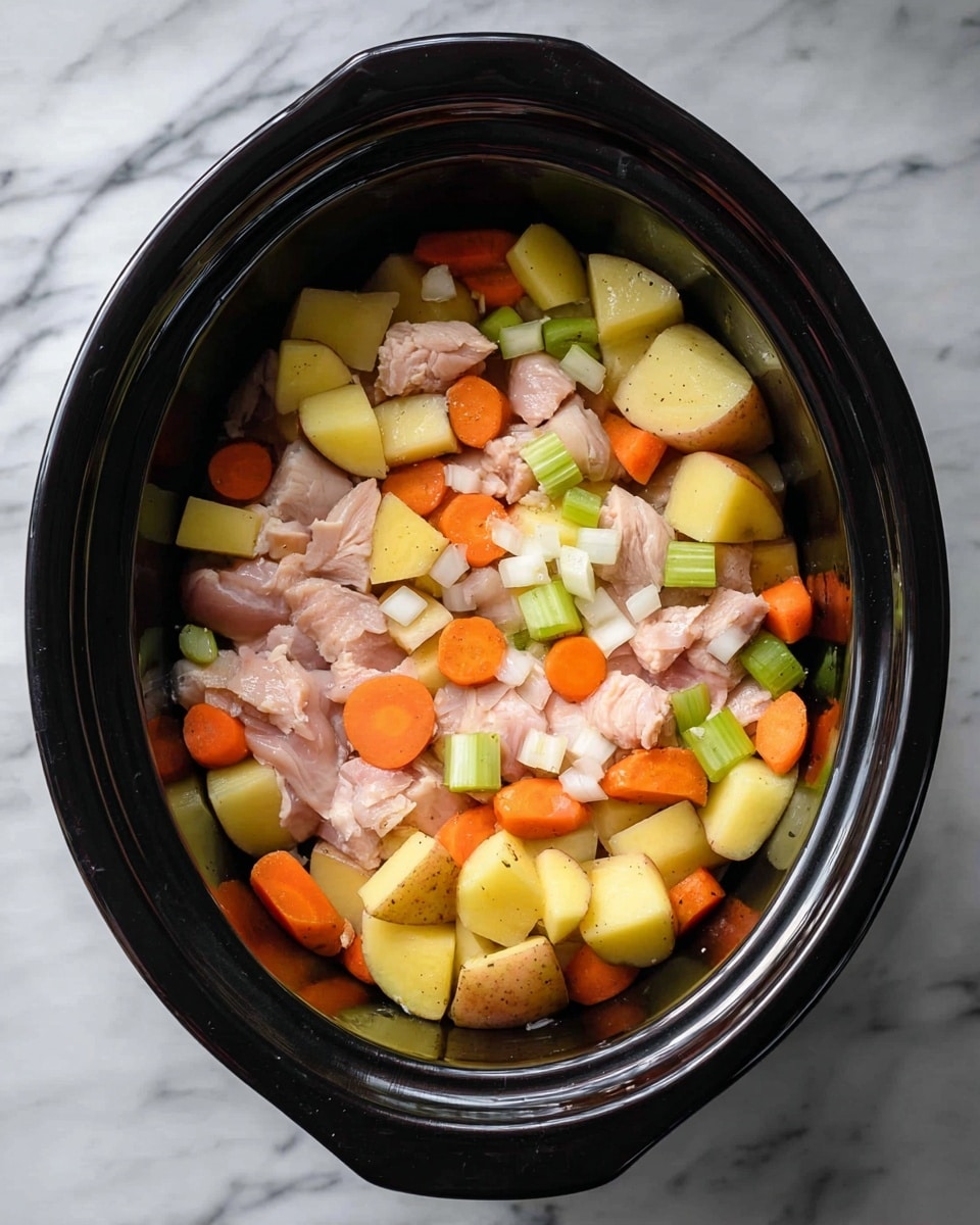 A white bowl filled with a hearty stew containing three main visible layers: at the bottom, a light brown broth with a slightly thick texture; in the middle, large chunks of orange carrot slices and pale yellow potato pieces; on top, shredded light brown chicken pieces sprinkled with chopped green herbs and black pepper. The bowl sits on a white marbled surface with scattered herb leaves nearby. The dish looks warm and wholesome, with a nice mix of colors and textures. photo taken with an iphone --ar 4:5 --v 7