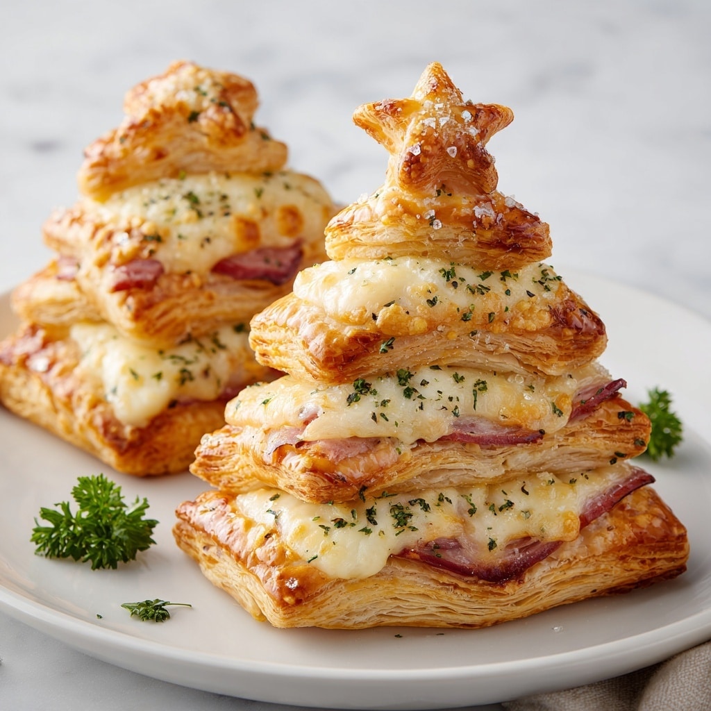 The image shows three Christmas tree-shaped puff pastries stacked in three layers. The bottom layer is thick and golden with visible layers of baked puff pastry, topped by a middle layer of melted creamy cheese and pinkish ham folds. Above that is the top layer, shaped like a singing star, dusted with herbs and shiny glaze. The pastries sit on a white plate on a white marbled surface, with small green parsley sprigs around for decoration. Photo taken with an iphone --ar 4:5 --v 7