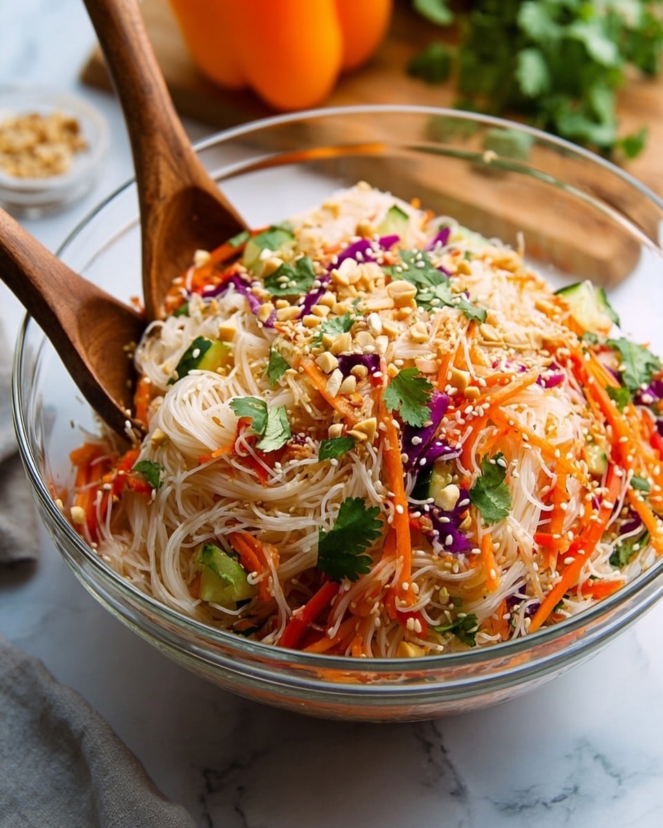 A white bowl filled with a colorful noodle salad sits on a white marbled surface. The noodles are thin and light yellow, mixed with thin strips of bright orange carrots and deep purple cabbage. Small pieces of red bell pepper and slices of light green cucumber add more color throughout the dish. On top, there are scattered pieces of green cilantro leaves and whole light brown peanuts. The salad is sprinkled with white sesame seeds, giving extra texture. The bowl is surrounded by a dark blue cloth napkin on one side and orange bell peppers on a wooden board on the other side. Photo taken with an iphone --ar 4:5 --v 7
