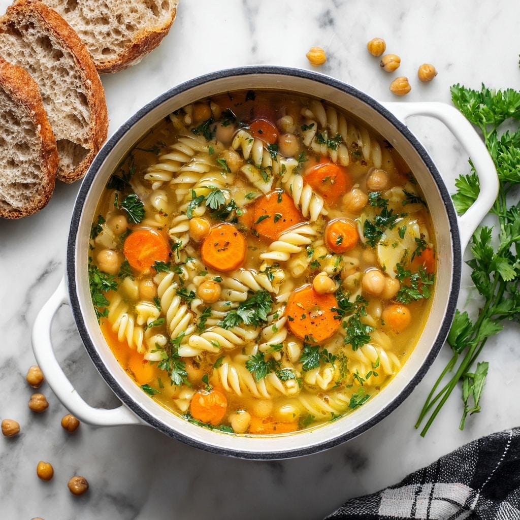 A white bowl filled with a clear broth soup containing three layers: the bottom is light golden broth, the middle is a mix of pale yellow spiral pasta and small round chickpeas, and the top layer is scattered with bright orange carrot slices and fresh green parsley pieces. The bowl sits on a white marbled surface with a few loose chickpeas and a bunch of fresh parsley next to it, along with two slices of whole grain bread and part of a black and white plaid cloth visible at the edge. photo taken with an iphone --ar 4:5 --v 7