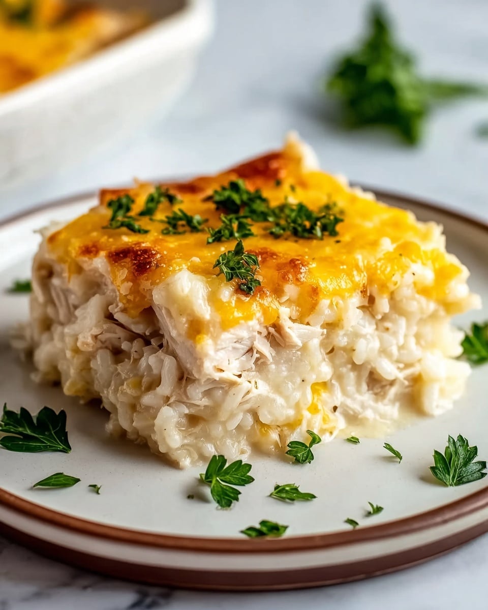 An oval white ceramic dish filled with a creamy baked casserole showing two main layers: a bottom layer of white rice peeking out around the edges, and a thick top layer of creamy chicken mixed with melted yellow cheddar cheese creating a bubbly golden crust; scattered small green parsley leaves add fresh color on top, all set on a white marbled surface with a wooden spoon nearby. photo taken with an iphone --ar 4:5 --v 7