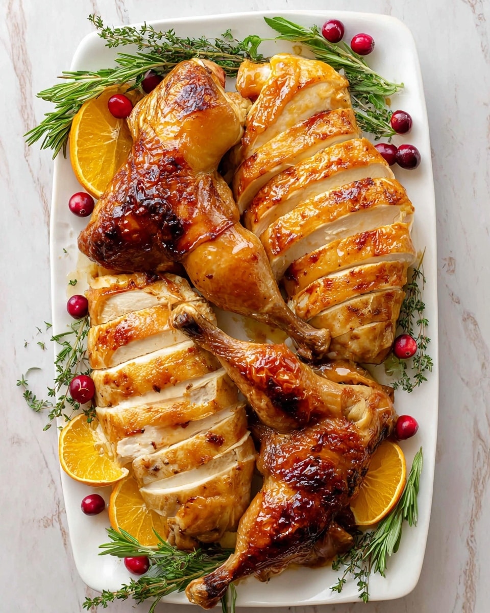 A white rectangular plate holds a beautifully arranged roasted chicken set on a white marbled surface. The dish has multiple layers: two large chicken breasts sliced evenly, showing the juicy white interior with a golden-brown crispy skin on top, placed on opposite corners of the plate. Between them are three browned chicken pieces with shiny glazed skin, including two drumsticks and a thick thigh. Bright orange slices are placed near the edges and in the middle, adding contrasting color. Small red cranberries are scattered on and around the chicken pieces, enhancing the festive look. Fresh green rosemary and thyme sprigs frame the dish on opposite sides, completing the fresh, vibrant presentation. Photo taken with an iphone --ar 4:5 --v 7