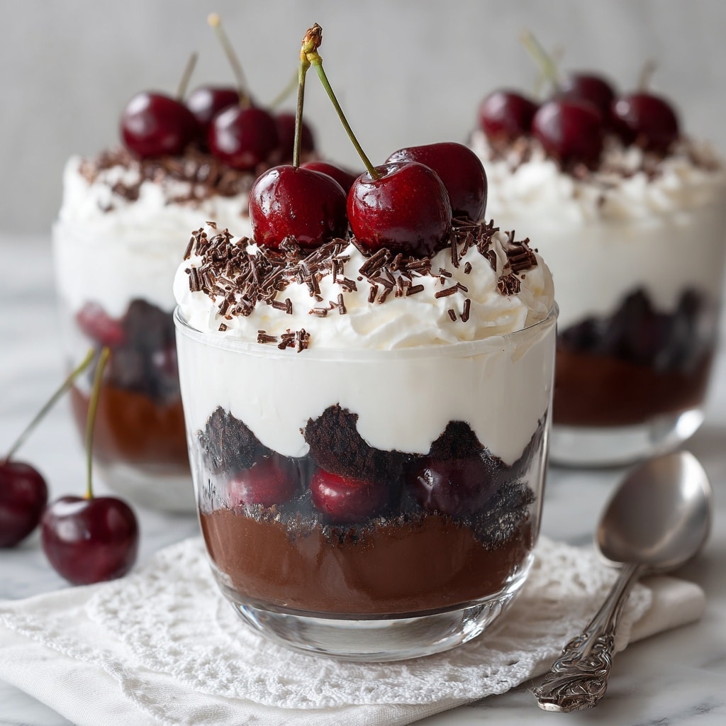 A clear glass bowl holds a layered dessert with five visible layers: the bottom and third layers are thick chocolate pudding with a smooth texture, the second and fourth layers are white whipped cream, and the middle layer shows dark chocolate cake pieces with inserted whole dark red cherries, some with stems, creating a dotted effect. The bowl is topped with a thick, fluffy whipped cream layer decorated with whole dark red cherries with stems and a sprinkle of fine dark chocolate shavings. The bowl sits on a white lace doily on a white marbled surface, with a long silver spoon lying beside it. photo taken with an iphone --ar 4:5 --v 7