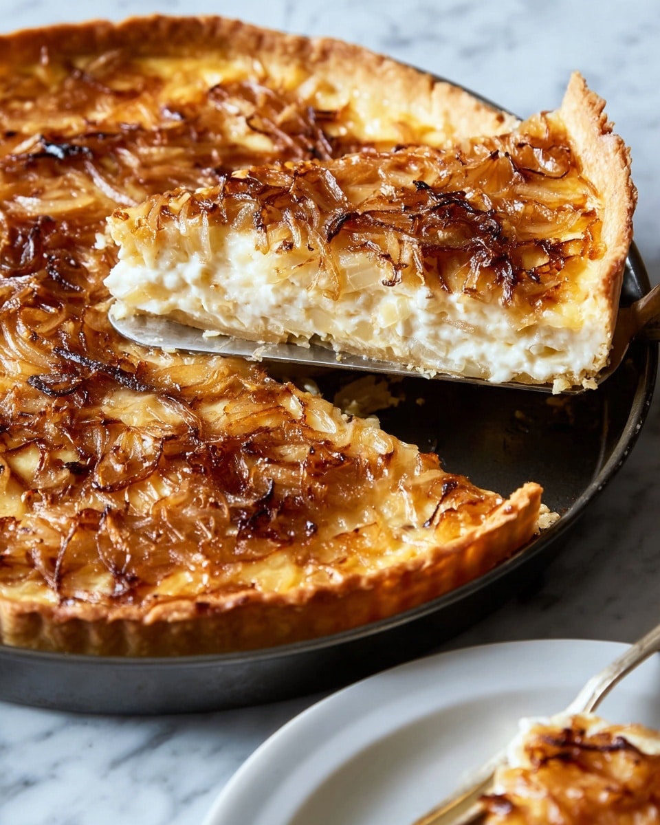 A slice of savory pie is shown on a white plate set on a white marbled surface. The pie has three visible layers: the bottom layer is a light golden crust with a firm texture, the middle layer is creamy and pale with a soft, smooth filling, and the top layer is covered with glossy, caramelized onions that are golden-brown and slightly translucent with a few fresh green thyme leaves as garnish. The background shows the rest of the pie blurred, creating depth and focus on the slice in the foreground. Photo taken with an iphone --ar 4:5 --v 7