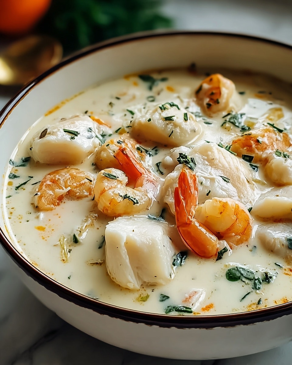 A white bowl filled with creamy soup that has a light yellowish color, filled with several pieces of cooked seafood. The top layer has plump, orange shrimp with visible tails, surrounded by round, white scallops that have a slightly browned grilled surface. Small bits of green herbs are scattered throughout the soup, adding texture and color contrast. The soup looks thick with chunks of white fish and small orange carrot bits mixed in. The bowl sits on a white marbled surface, and the image shows a close-up view highlighting the seafood layers and creamy texture of the soup. Photo taken with an iphone --ar 4:5 --v 7