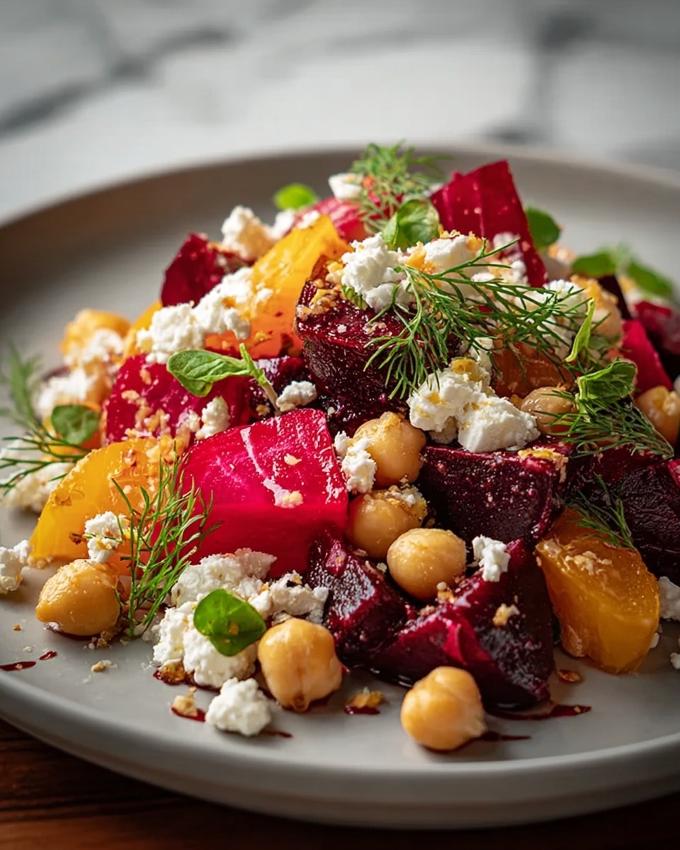 A bowl filled with three main layers: deep purple beetroot cubes, orange sweet potato chunks, and light brown chickpeas, all mixed together. White crumbled cheese sprinkled on top adds a soft, crumbly texture, with small green dill sprigs scattered throughout for color and freshness. The bowl is white with a light tan rim and sits on a wooden board, all placed on a white marbled surface. photo taken with an iphone --ar 4:5 --v 7
