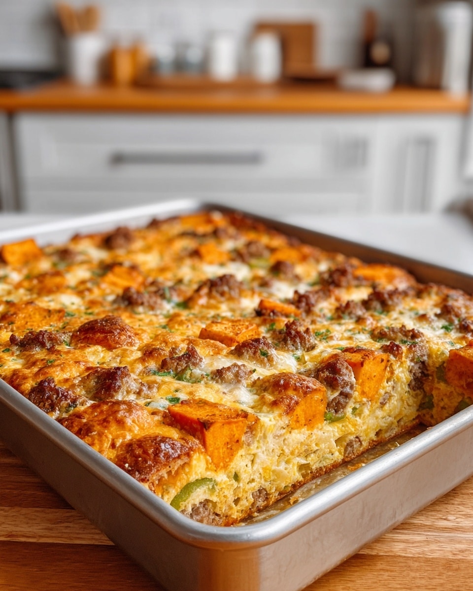 A close-up view of a square slice of layered casserole on a white speckled plate with a silver fork resting in front. The casserole has several distinct layers, starting from the bottom with a pale layer mixed with green vegetable pieces, above it a thick light-colored creamy layer with chunks of browned meat dispersed throughout, followed by bright orange chunks, possibly pumpkin or sweet potato, mixed with a melted yellow cheese layer on top. The top layer is slightly browned and bubbly, adding a crisp texture. The background is a white marbled texture with a blurred second plate of casserole in soft focus. Photo taken with an iphone --ar 4:5 --v 7