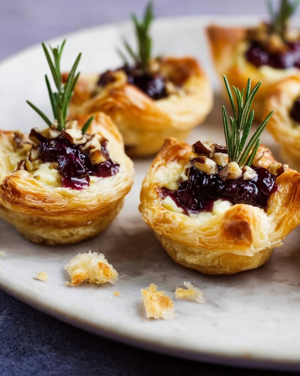 The image shows small tartlets arranged on a white plate with a smooth matte finish, placed on a white marbled surface. Each tartlet has a golden-brown puff pastry crust that is flaky and crisp, forming a cup shape with slightly raised edges. Inside, there is a creamy light yellow cheese layer topped with a dark red berry jam layer, adding glossy contrast. Crushed nuts are sprinkled on top, adding texture, and a small sprig of fresh rosemary stands upright in each tartlet, giving a touch of green. Some pastry crumbs are scattered lightly around the plate edges. Photo taken with an iphone --ar 4:5 --v 7