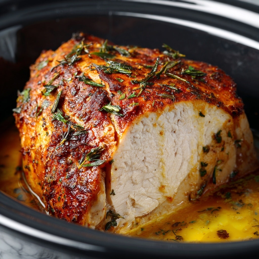 A close-up image of a cooked piece of turkey breast resting inside a black slow cooker. The bird has a golden brown, crispy skin with visible herbs scattered on top, giving a textured look. The slice cut out reveals moist, white meat beneath the browned skin. Glowing yellow-brown juices pool around the turkey, adding a glossy shine to the dish. The background is a white marbled texture, and the overall focus falls on the rich colors and textures of the turkey and its juices. Photo taken with an iphone --ar 4:5 --v 7