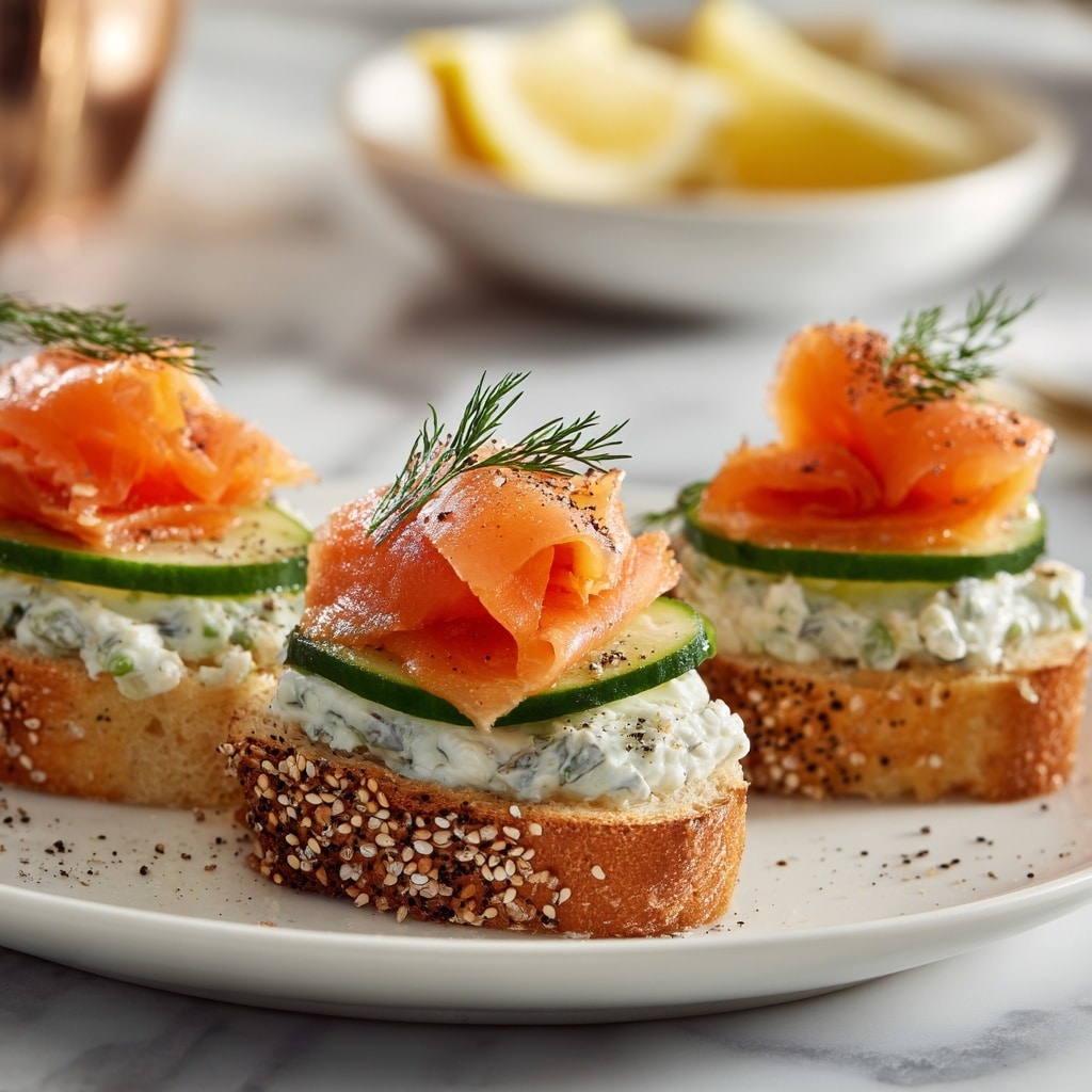 The image shows six small round pieces of seeded bread arranged in two rows on a white plate. Each piece has three distinct layers: a bottom layer of golden-brown bread with visible seeds on the crust, a middle layer of creamy white spread with specks of green herbs, and a top layer of thin green cucumber slices with a curled orange smoked salmon rose placed on top. Each salmon rose is garnished with small sprigs of dill and sprinkled with black pepper. The plate sits on a white marbled surface, and a blurred bowl with lemon wedges and a striped cloth appear in the background. photo taken with an iphone --ar 4:5 --v 7