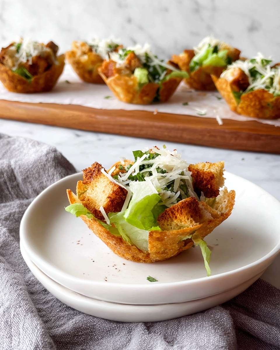 Six crispy golden brown phyllo dough cups are arranged on a wooden board over a white marbled surface. Each cup is filled with layers starting from a bed of chopped green lettuce, topped with creamy white chicken salad pieces, small bits of light brown croutons, and crispy reddish-brown bacon bits scattered on top. The texture looks crunchy and fresh, with some finely chopped green herbs sprinkled over the cups. The scene is bright and clear, showing a close-up of the appetizer. photo taken with an iphone --ar 4:5 --v 7