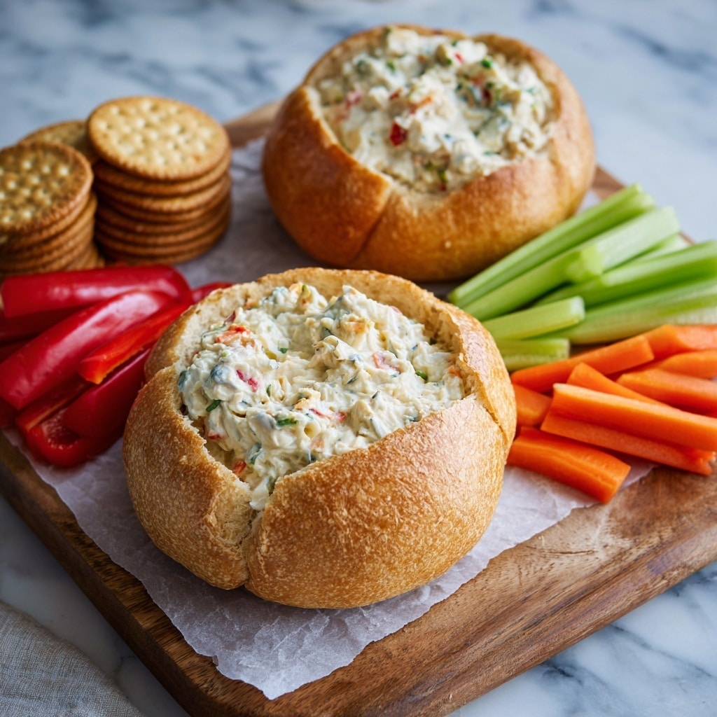 The image shows a round bread bowl filled with creamy, chunky dip topped with chopped bits of red meat or bacon. The bread bowl has a golden crust and a soft, slightly torn edge around the top. It sits on a piece of parchment paper on a wooden board. Surrounding the bread bowl are neatly arranged fresh vegetables: bright green celery sticks, orange carrot sticks, and red bell pepper strips. On the left side of the board, there is a small stack of round crackers. The background is a white marbled surface. photo taken with an iphone --ar 4:5 --v 7