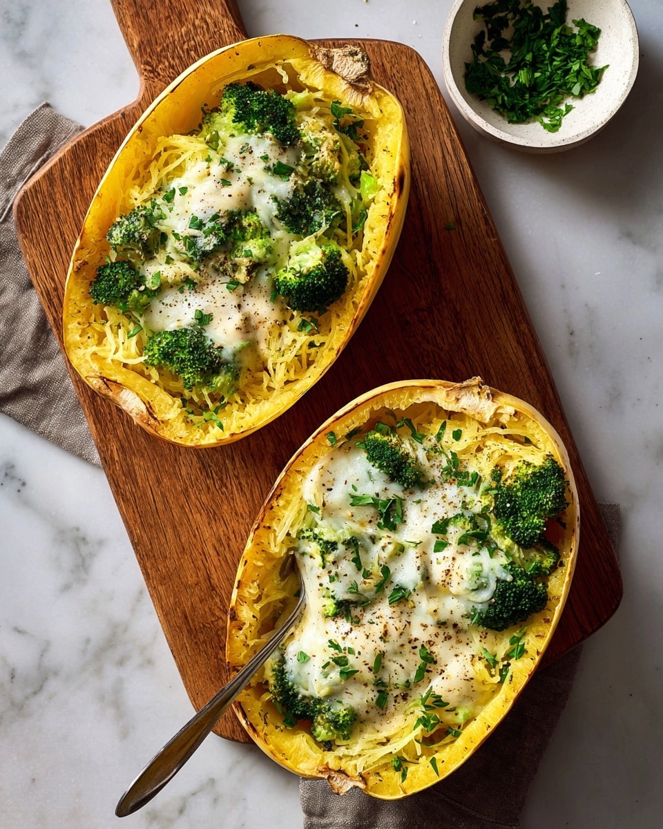 The image shows two halves of a roasted spaghetti squash placed on a wooden board over a white marbled surface. Each half is filled with layers starting with the yellow, fibrous flesh of the squash as the base layer. On top of this, there are green broccoli florets scattered unevenly throughout. The final layer features melted white cheese with some creamy sauce, sprinkled with finely chopped green herbs and a dash of black pepper. Both halves have a silver spoon resting inside them, ready to scoop the dish. A small white bowl beside the wooden board contains extra chopped green herbs. Photo taken with an iphone --ar 4:5 --v 7