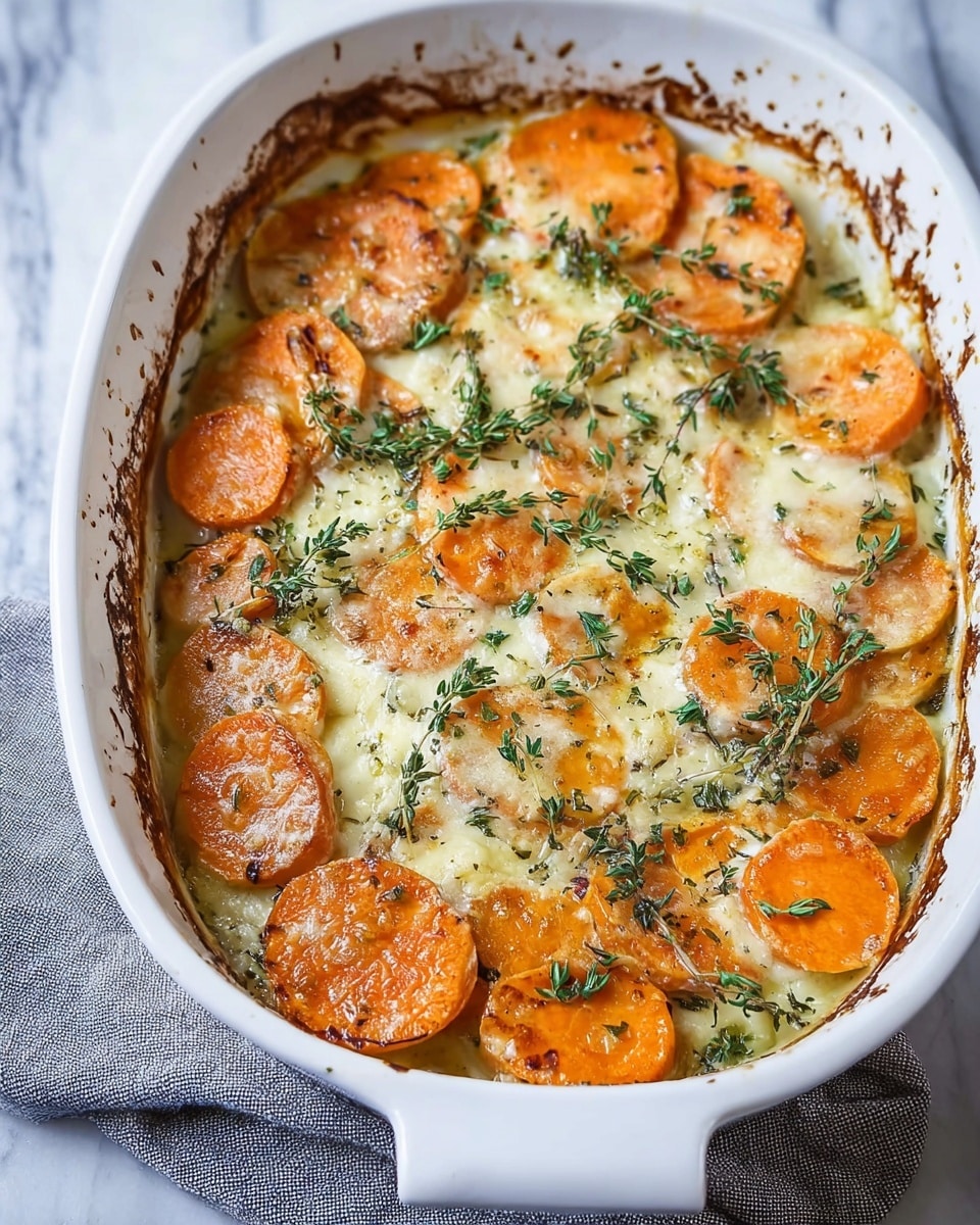 A white baking dish filled with a layered sweet potato gratin. The bottom layer shows round slices of orange sweet potatoes with their smooth texture. On top, a creamy, cheesy sauce covers the potatoes unevenly, with some melted bubbles and golden edges. Fresh green herbs, mostly small thyme leaves and a few thyme sprigs, are scattered on the surface, adding contrast. The dish sits on a white marbled surface with a gray cloth partially visible. Photo taken with an iphone --ar 4:5 --v 7