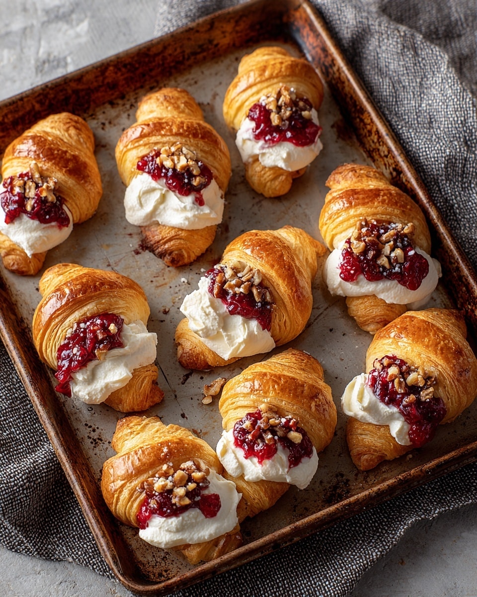 The image shows a rusty baking tray filled with nine small golden brown croissants, each topped with a thick layer of white cream cheese placed in the middle. On top of the cream cheese, there is a bright red cranberry sauce, slightly runny and dotted with pieces of chopped nuts, adding texture. The croissants have a shiny and flaky surface with some sugar crystals scattered on top. The tray is resting on a textured gray cloth, all set against a white marbled texture. photo taken with an iphone --ar 4:5 --v 7