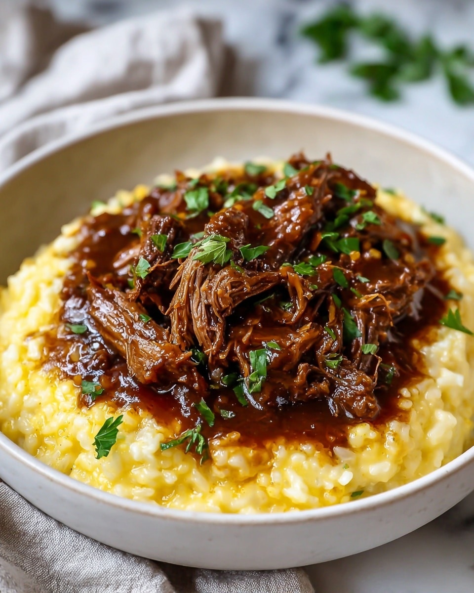 The image shows a white bowl filled with a rich, dark brown stew. Large chunks of tender meat are placed on top, with some pieces shredded to reveal a moist, fibrous texture. Bright orange carrot pieces are scattered evenly throughout the thick sauce, and sprigs of fresh green herbs rest on top, adding a touch of color. The sauce looks thick and glossy, pooling around the meat and vegetables. The bowl is set on a white marbled surface. photo taken with an iphone --ar 4:5 --v 7