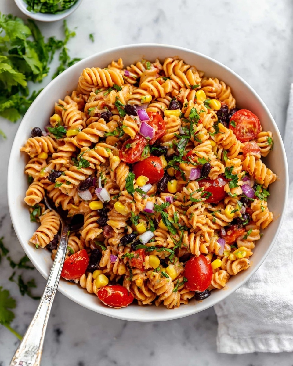 A close-up view of a white bowl filled with a colorful pasta salad featuring light brown rotini pasta as the main base layer, mixed with bright red halved cherry tomatoes, small pieces of red onion, yellow corn kernels, and black beans scattered throughout. The salad is garnished with fresh green chopped herbs, adding a pop of color and freshness on top. The bowl sits on a white marbled surface, with a silver fork resting inside the bowl near the front. In the background, a white bowl with a yellowish sauce and a slice of lime are slightly out of focus. photo taken with an iphone --ar 4:5 --v 7