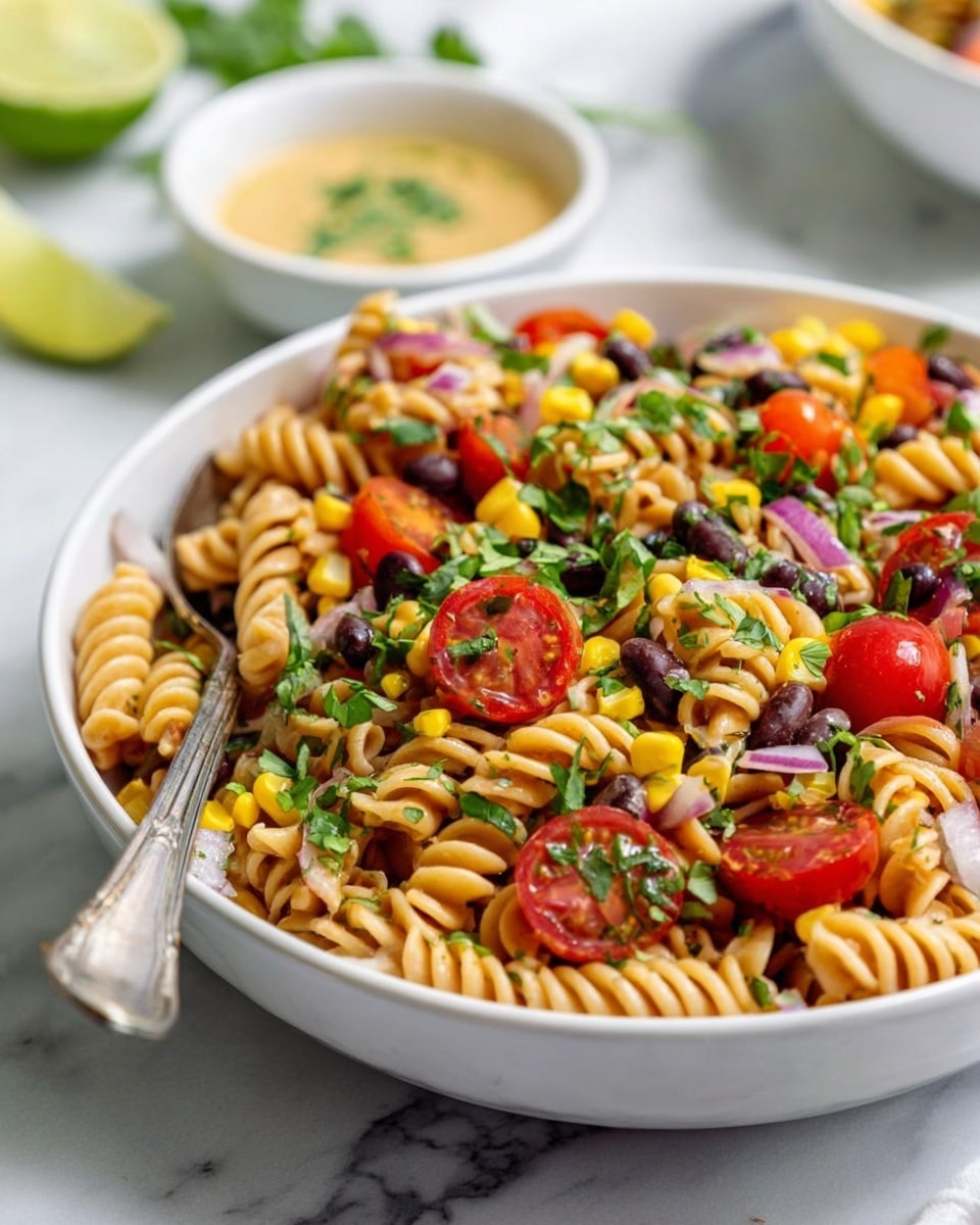 A white bowl filled with a colorful pasta salad made with spiral rotini pasta in a light orange color, mixed with halved red cherry tomatoes, small pieces of red bell pepper, black beans, and yellow corn kernels. Small chunks of purple onion are scattered throughout, along with fresh green chopped herbs on top. A silver spoon is partially inserted into the pasta, resting inside the bowl. The bowl is placed on a white marbled surface with some fresh herbs and a white cloth visible near the bowl. Photo taken with an iphone --ar 4:5 --v 7