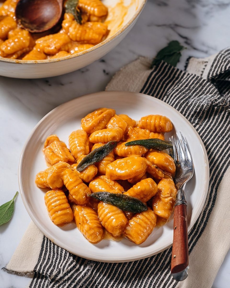 The image shows a white plate with about ten pieces of golden-brown gnocchi coated in a shiny sauce, layered with green crispy sage leaves on top and around the gnocchi. A silver fork with a wooden handle rests on the plate's edge. Behind the plate, there is a large white bowl filled with more gnocchi in the same sauce, with a wooden spoon partly resting inside. The setting is on a white marbled texture with a black and white striped cloth partially visible under the plate and bowl. The light creates soft shadows, giving a warm, inviting look to the dish. photo taken with an iphone --ar 4:5 --v 7