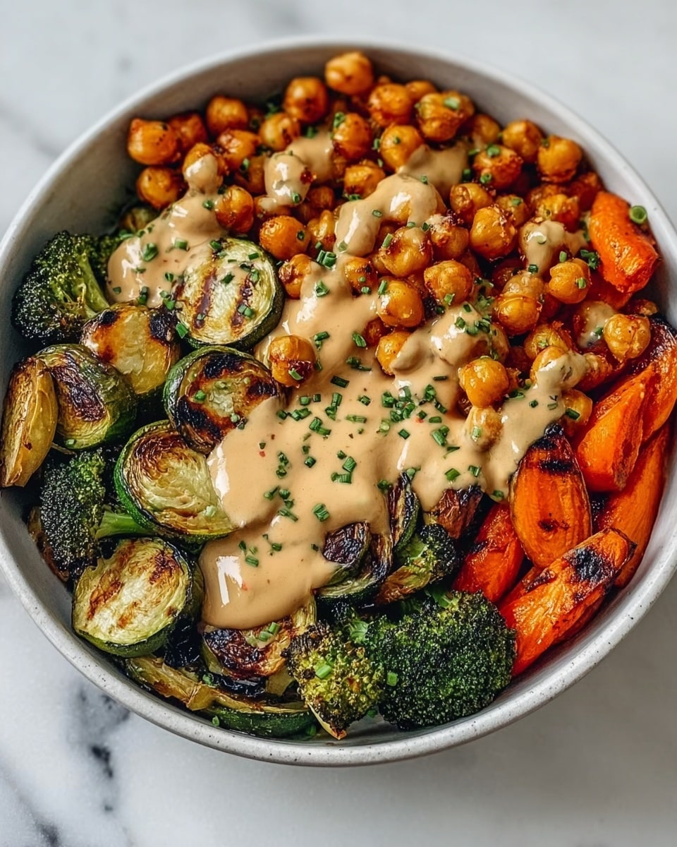 A white bowl filled with three layers of food: the bottom layer is green broccoli and grilled zucchini with dark grill marks, the middle layer is golden brown roasted chickpeas and bright orange roasted carrots, and the top layer is a thick beige sauce drizzled over the center, sprinkled with small green chopped herbs. The bowl sits on a white marbled surface. photo taken with an iphone --ar 4:5 --v 7
