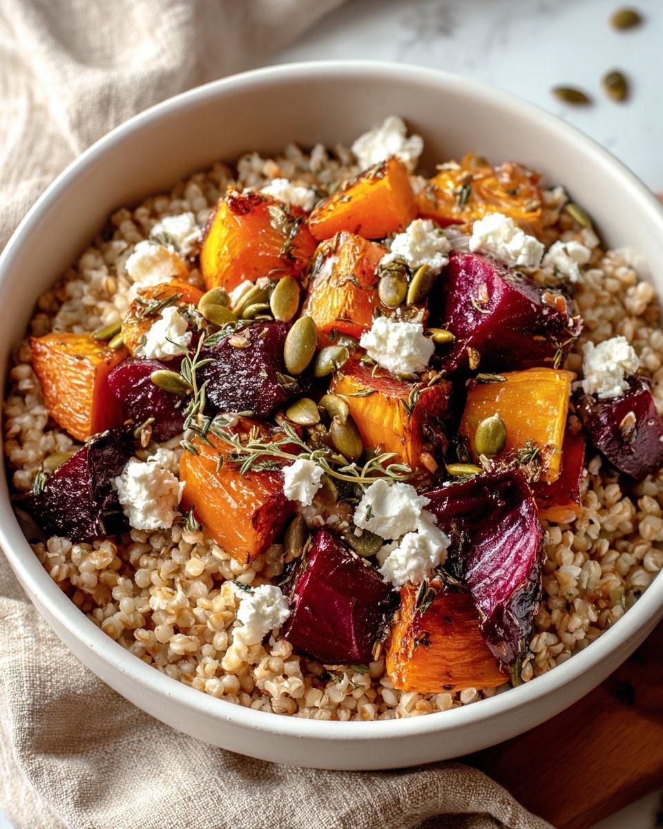 A round wooden tray holds a white plate filled with a colorful, healthy bowl meal. The plate is divided into neat sections, each with a different ingredient: small golden brown roasted potatoes, a mix of green kale and fresh leafy greens, bright orange cubed sweet potatoes, a portion of cooked quinoa with chopped herbs, and a topping of vibrant red shredded beets. Two light wooden-handled forks rest on the right side of the plate. A woman's hand is visible on the left edge of the tray, gently touching it. The whole setup is placed on a white marbled textured surface with a small green sprig nearby. Photo taken with an iphone --ar 4:5 --v 7