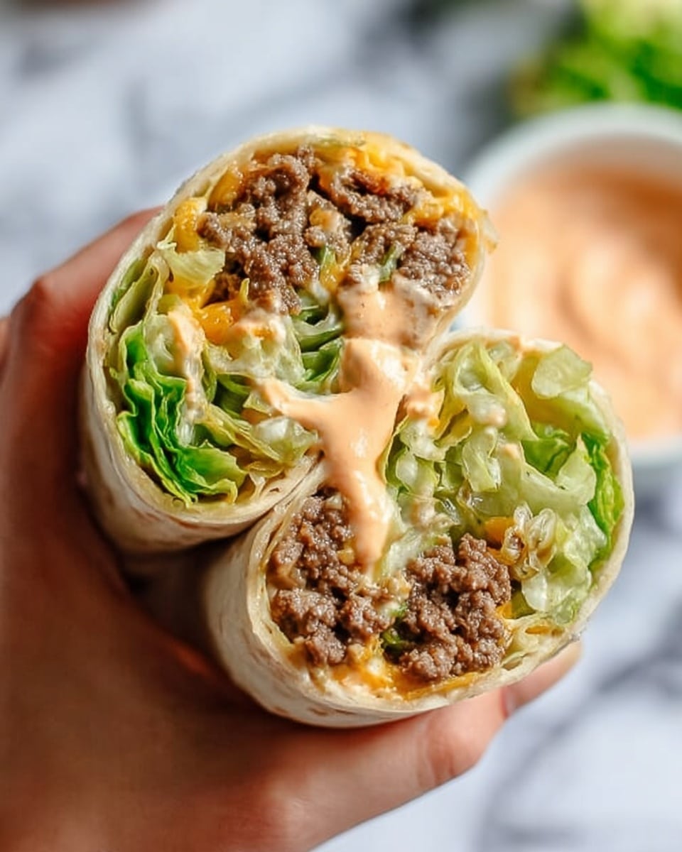 The image shows three soft flour tortilla wraps stacked on a white marbled surface. Each wrap is cut in half, revealing layers inside: shredded green lettuce on top, followed by a creamy, light orange sauce, small pieces of cooked ground beef with a textured, brown color, and shredded yellow cheddar cheese at the bottom. The tortillas are light beige and slightly toasted with a smooth texture. There are some scattered shredded lettuce and cheese pieces around the wraps. In the blurred background, a woman’s hand holds chopsticks near a small white bowl with sauce, and an unfocused plate is partially visible. Photo taken with an iphone --ar 4:5 --v 7