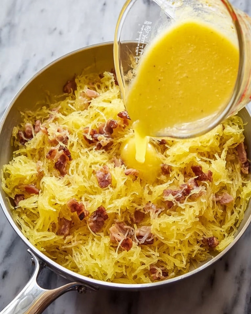 A plate shows a heap of spaghetti squash strands mixed with small pieces of crispy bacon, coated in a creamy, pale yellow sauce. The top is sprinkled with finely shredded white cheese and small green herb pieces, likely parsley or basil. The dish sits on a deep white plate with a textured surface, and a silver fork rests on the plate’s rim to the right side. In the blurred background, there is another plate with the same dish and two clear glasses filled with a light yellow drink. The whole setting is placed on a white marbled surface. photo taken with an iphone --ar 4:5 --v 7