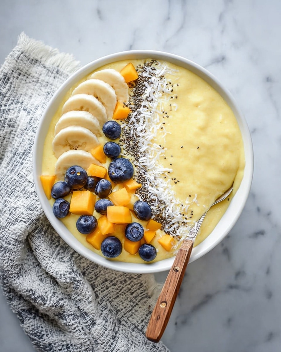 A white bowl sits on a white marbled surface filled with a thick, creamy yellow smoothie base. On top of the smoothie, there are three distinct layers of toppings: thin, curved slices of pale yellow banana arranged in a neat row on one side, a cluster of dark blue blueberries scattered next to the bananas, and bright orange cubes of mango placed in the middle. These fruit toppings are sprinkled with small black chia seeds and white shredded coconut, adding texture and contrast. A spoon with a wooden handle rests inside the bowl along the edge. The overall look is fresh and colorful, with smooth textures and a clean background. photo taken with an iphone --ar 4:5 --v 7