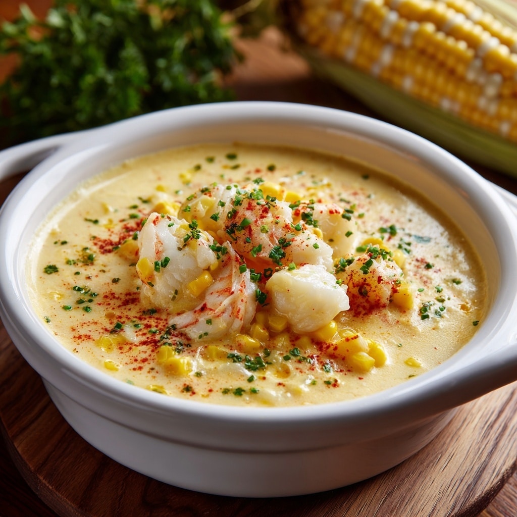 A white bowl filled with creamy soup is shown, with a thick, pale yellow liquid base that has a smooth and slightly chunky texture. Floating within the soup are bright yellow corn kernels and soft white pieces of seafood, including chunks of crab and shrimp with a hint of red on the shell. The surface is lightly sprinkled with finely chopped green herbs and a dusting of red spice, adding detail and color contrast. The bowl rests on a wooden surface, with a blurred background showing a corn cob and some green herbs. Photo taken with an iphone --ar 4:5 --v 7