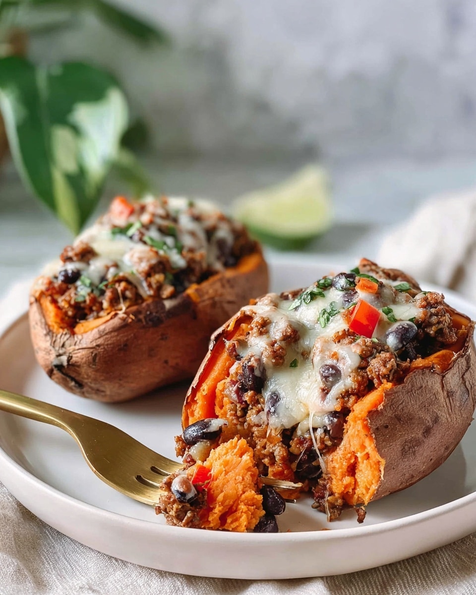 Two halves of cooked sweet potato with orange soft flesh sit on a white plate. Each half is topped with a crumbly brown mixture and dark green wilted leafy vegetables. A drizzle of white sauce covers the topping. A silver fork with a small bite of the potato and toppings is on the plate. In the background, a white bowl with fresh green spinach leaves and two raw sweet potatoes are visible on a white marbled surface partially covered with a white cloth with black stripes. photo taken with an iphone --ar 4:5 --v 7