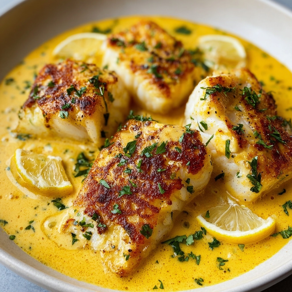 The image shows a white plate with a thick, round crab cake placed in the center. The crab cake has a golden-brown crispy crust with visible bits of crab meat and herbs inside. It rests on a creamy light yellow sauce sprinkled with finely chopped green herbs. On the side of the plate, there is a fresh lemon wedge with bright yellow flesh. The background features a white marbled surface, adding a clean and bright look. Photo taken with an iphone --ar 4:5 --v 7