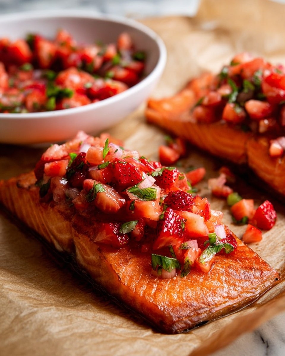 A metal baking pan lined with brown parchment paper holds four pieces of cooked salmon arranged vertically. Each salmon piece is topped with a bright red and green salsa made of diced strawberries and herbs, creating a fresh and colorful contrast against the cooked salmon's orange-pink flaky texture. To the left of the salmon, a small white bowl filled with the same strawberry salsa sits on the parchment paper. On the right side of the pan, there is a tarnished silver serving spatula with a floral cutout design. The whole setup is placed on a white marbled surface. photo taken with an iphone --ar 4:5 --v 7