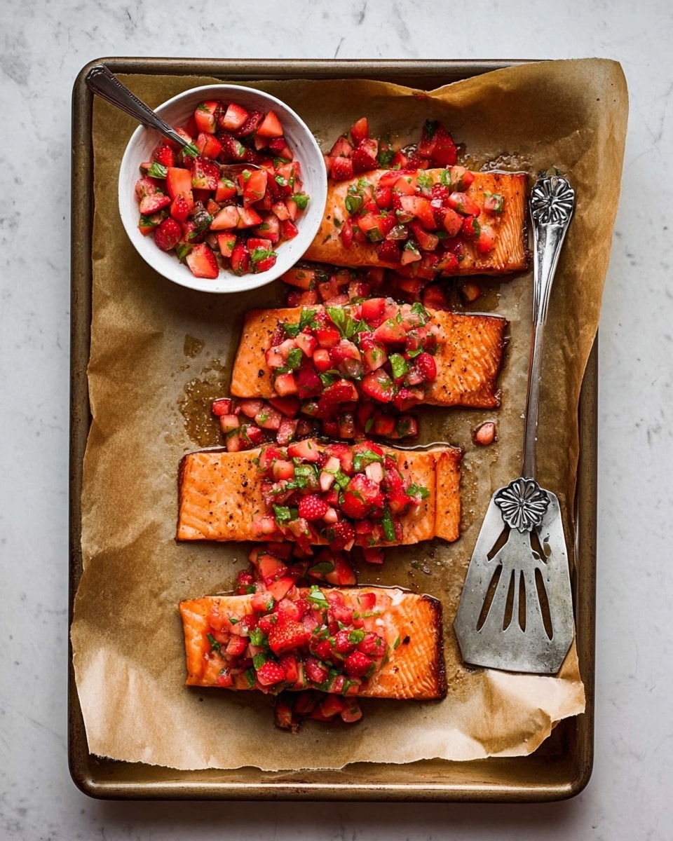 The image shows two cooked salmon fillets laid flat on a light brown parchment paper with a slightly crinkled texture. Each salmon fillet is topped with a bright, fresh salsa made of small diced strawberries and green herbs, giving a colorful contrast to the rich orange of the salmon. Behind the salmon fillets, there is a white bowl filled with more of the strawberry salsa, all placed on a white marbled surface that adds a clean and soft background to the vibrant dish. Photo taken with an iphone --ar 4:5 --v 7