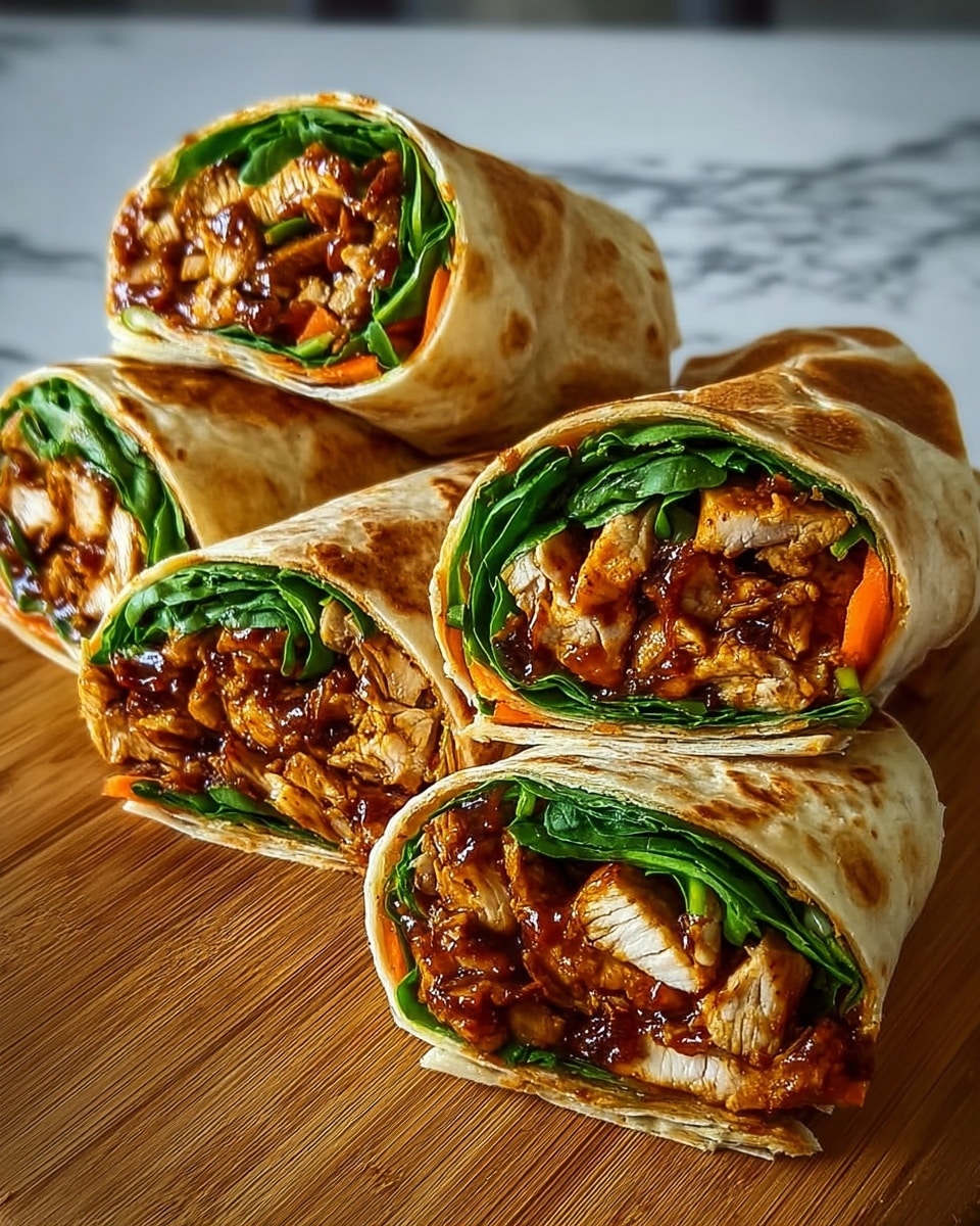 The image shows five wraps cut in half, arranged on a wooden board with a white marbled surface underneath. Each wrap has three layers: a toasted light brown tortilla on the outside with a slightly crispy texture, a middle layer of bright green leafy spinach packed tightly inside, and an inner filling of chunky grilled chicken pieces coated in a rich, dark reddish-brown sauce mixed with small bits of orange carrot. The wraps are stacked with three halves leaning on the back and two halves in the front, showing their colorful cross-sections clearly. photo taken with an iphone --ar 4:5 --v 7
