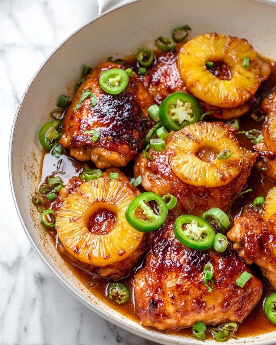 In a white pan, there are six pieces of cooked chicken thighs topped with a glossy, rich brown sauce. Each chicken piece has a golden yellow, caramelized pineapple ring on top. Around the chicken and pineapple, there are fresh green jalapeño slices and small green onion rings scattered, adding a pop of green color. The chicken shows a mix of browned and slightly charred spots, giving a textured, crispy look. The pan is placed on a white marbled surface. photo taken with an iphone --ar 4:5 --v 7