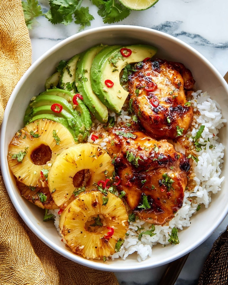 A white bowl filled with a layer of white rice at the bottom, topped with two golden-brown grilled chicken pieces glazed with a shiny sauce and sprinkled with red chili flakes and chopped herbs. Around the chicken, there are bright green slices of avocado with red chili flakes on top, three caramelized pineapple rings with a golden exterior, and fresh green cilantro leaves. The bowl sits on a white marbled surface with a yellow cloth and a textured fabric nearby. photo taken with an iphone --ar 4:5 --v 7