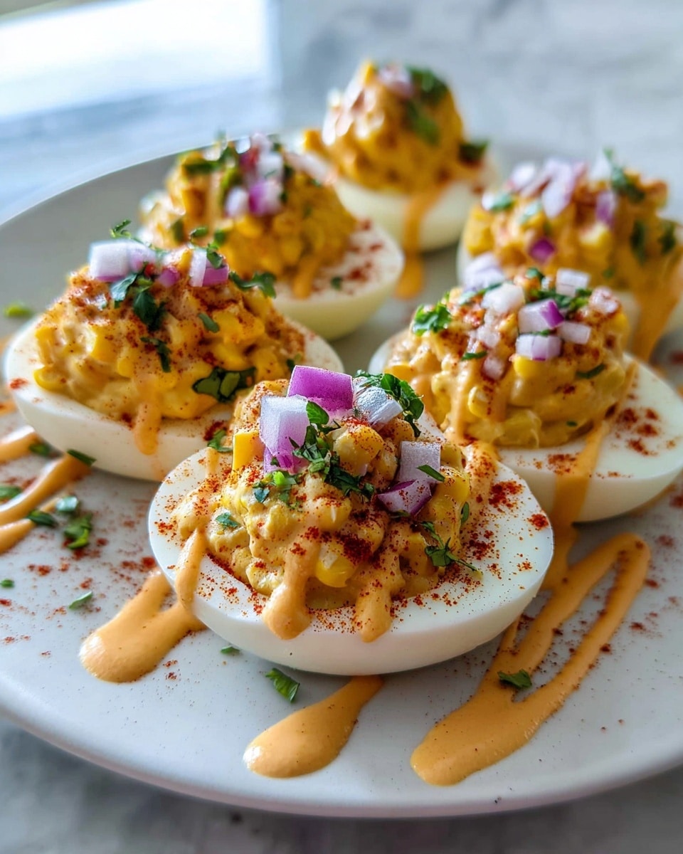 The image shows a white plate holding six deviled eggs, each cut in half with smooth white egg whites as the base layer. The next layer is a creamy, slightly chunky yellow filling made from mashed egg yolks mixed with corn kernels, giving a textured look. On top of this, there is a drizzle of light orange sauce with a smooth and thick texture, some red spice powder sprinkled evenly over each serving, and small pieces of finely chopped purple onions and green herbs scattered on top. The plate is placed on a white marbled surface, adding a clean and bright background. Photo taken with an iphone --ar 4:5 --v 7