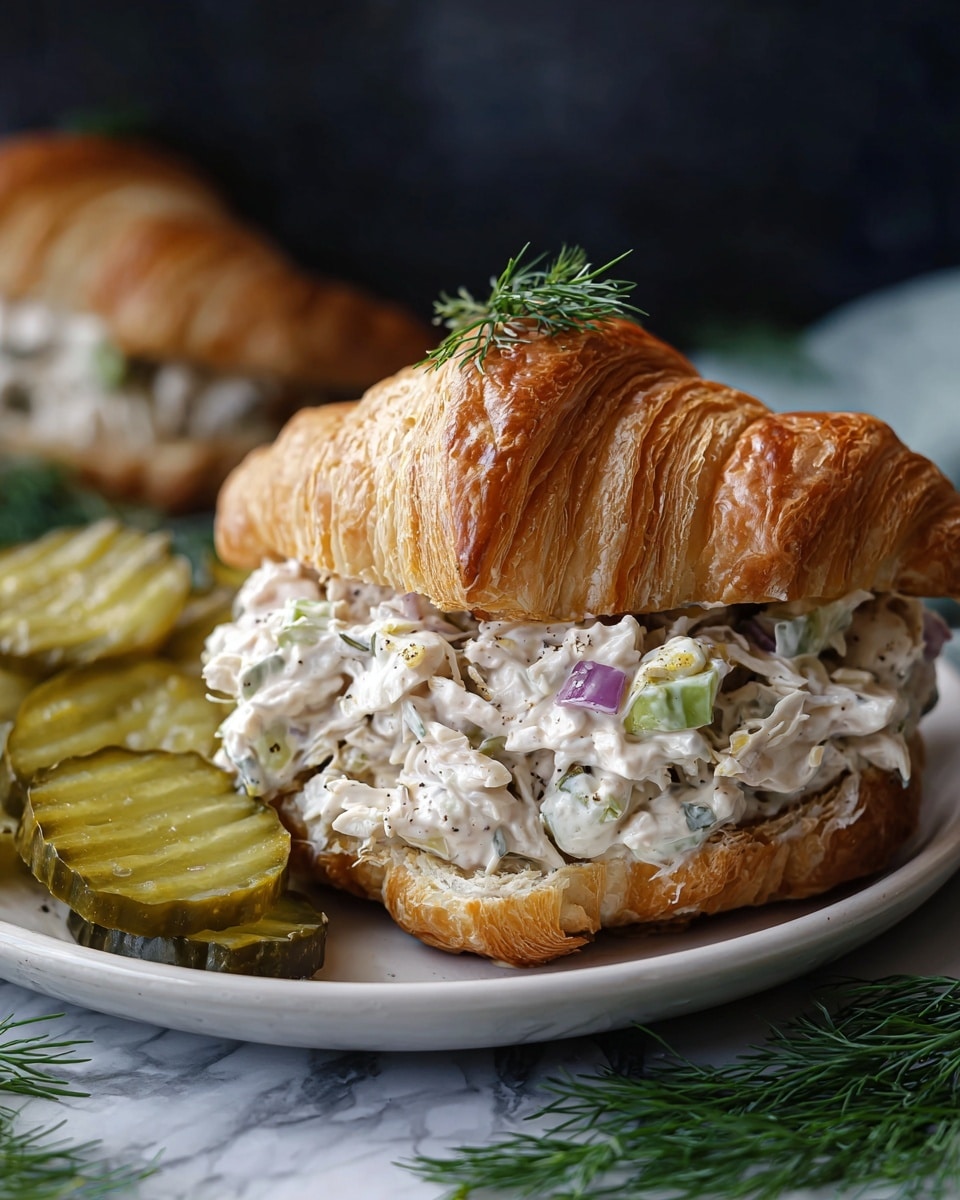 A golden brown flaky croissant sliced horizontally forms the outer layers of this sandwich, inside of which is a thick, creamy chicken salad filling mixed with visible chunks of white chicken, green celery pieces, and small bits of purple onion, all coated in a mayonnaise-like sauce with flecks of black pepper and topped with a small sprig of green dill. The croissant sandwich sits on a white plate with several slices of green pickles arranged on the side, all placed on a white marbled surface with some fresh dill sprigs scattered nearby. photo taken with an iphone --ar 4:5 --v 7