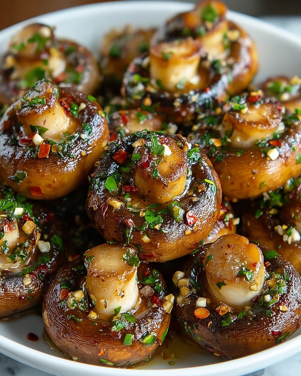 A close-up view of a pan filled with cooked whole mushrooms that are golden brown and glistening with oil and seasoning, sprinkled evenly with chopped green herbs. The mushrooms have a slightly charred look on top and around the edges, showing a soft and juicy texture. Small bits of cooked garlic and pepper flakes are scattered throughout, adding texture and color contrast. A silver spoon is scooping up some mushrooms from the pan, which rests on a white marbled surface. The overall look is warm, savory, and fresh. photo taken with an iphone --ar 4:5 --v 7