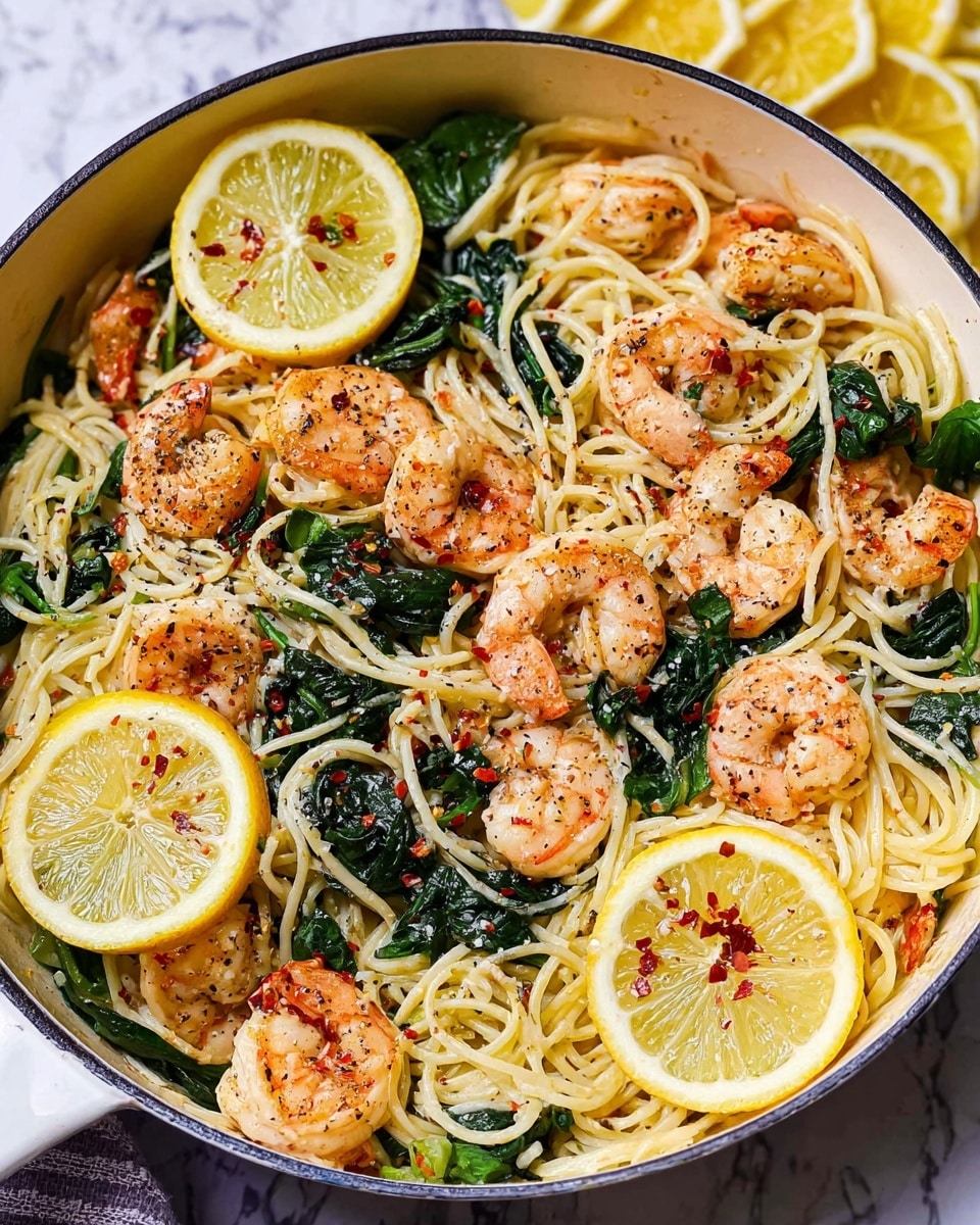 A white plate filled with three layers: the first layer is creamy white linguine noodles, lightly coated with oil and scattered with small red chili flakes; the second layer consists of bright orange cooked shrimp placed evenly on top, some with char marks; the third layer includes fresh dark green spinach leaves and thin slices of pale yellow lemon scattered throughout, with a sprinkle of white grated cheese on top. A gold fork is twirling some noodles at the front edge of the plate. In the background, two halves of a lemon sit on a white marbled surface. photo taken with an iphone --ar 4:5 --v 7