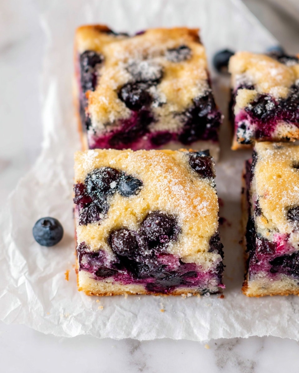 The image shows three square pieces of blueberry cake on crumpled white parchment paper over a white marbled surface. Each piece has two visible layers: a light golden-brown baked top layer with visible granules of sugar and plump, dark blue blueberries partly embedded, and a pale, soft-looking inside layer speckled with juicy blueberry stains. The top blueberry layer has a textured, slightly crispy look, while the inside looks moist and tender, with some blueberries bursting and spreading purple color around them. Photo taken with an iphone --ar 4:5 --v 7