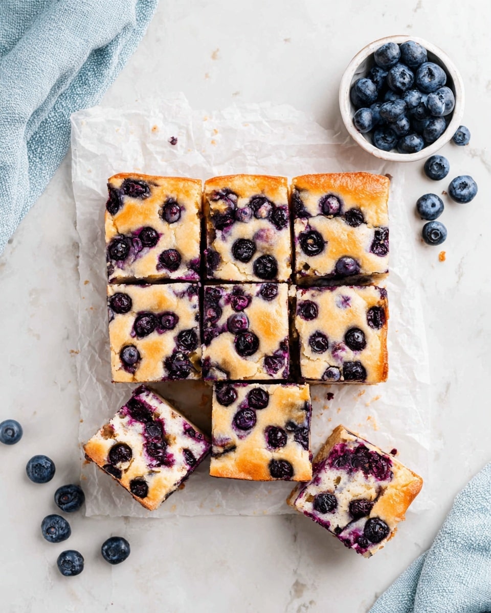 Nine square pieces of blueberry cake with a golden-baked top layer full of whole dark purple blueberries scattered across it. The cake is placed on a crinkled white sheet, with the white marbled surface underneath visible around the edges. Two pieces are slightly pulled away from the group, showing a soft and moist interior with blueberries baked inside. Around the cake, there are fresh blueberries scattered, and a white bowl filled with blueberries is placed in the top right corner. The bottom left corner shows part of a light blue cloth. The overall look is fresh, sweet, and inviting. photo taken with an iphone --ar 4:5 --v 7