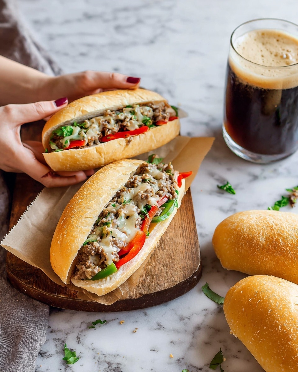 Two sandwiches sit on a wooden board lined with light brown paper. Each sandwich has three layers inside a golden brown, soft-looking bun: a bottom layer of sliced red and green bell peppers, a middle layer of cooked small brown meat chunks mixed with melted light cheese, and a top layer of green leafy herbs scattered inside. One sandwich is held by a woman's hand on the left, and another woman's hand holds a glass of dark foamy beverage in the top right. In the bottom right, two more golden brown sandwich buns rest on the white marbled surface, with some small green herb pieces scattered around. Photo taken with an iphone --ar 4:5 --v 7