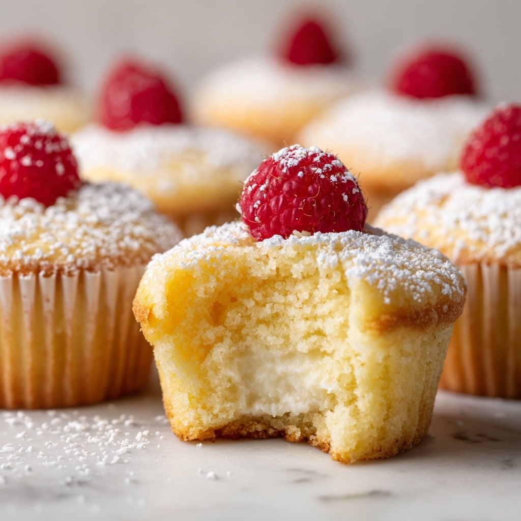 A group of small yellow cupcakes with a soft texture are arranged closely on a white marbled surface. Each cupcake has a light dusting of white powdered sugar on top and is topped with a single red raspberry. One cupcake in the front is slightly bitten, showing a creamy white filling inside. The cupcakes have a light golden-brown surface and a smooth, moist inside. The background is blurred but also shows more cupcakes. Photo taken with an iphone --ar 4:5 --v 7