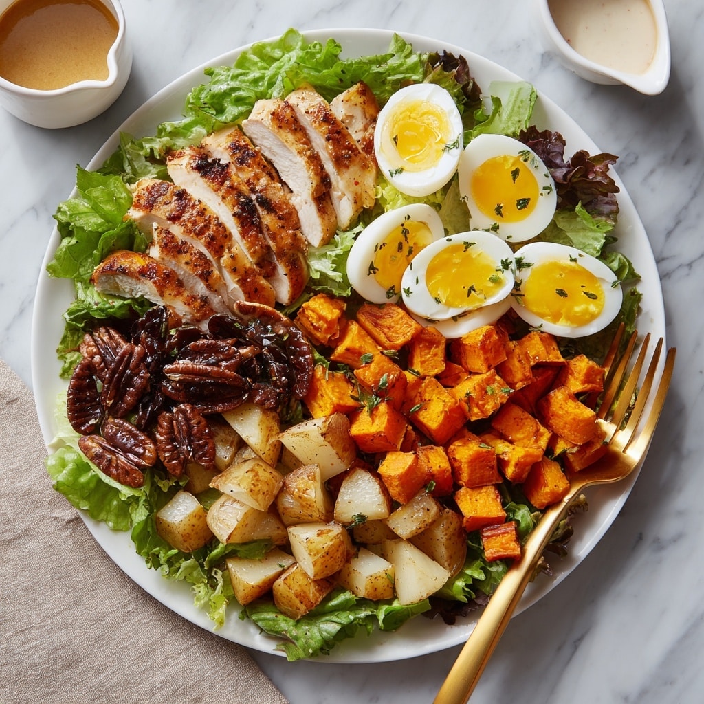 A white bowl filled with a colorful salad arranged in layers starting with a fresh green leafy base, topped with sliced boiled eggs with yellow yolks and mustard drizzle on the left side, next to bright red dried cranberries. In the center, there are crumbled pieces of blue cheese with their distinctive mold texture, and a row of grilled, slightly charred chicken breast slices with visible grill marks. To the right side, golden roasted cubed butternut squash is layered next to crispy cooked bacon strips with reddish-brown tones. The bowl sits on a white marbled surface, with a wooden bowl of dressing and a spoon nearby. Photo taken with an iphone --ar 4:5 --v 7