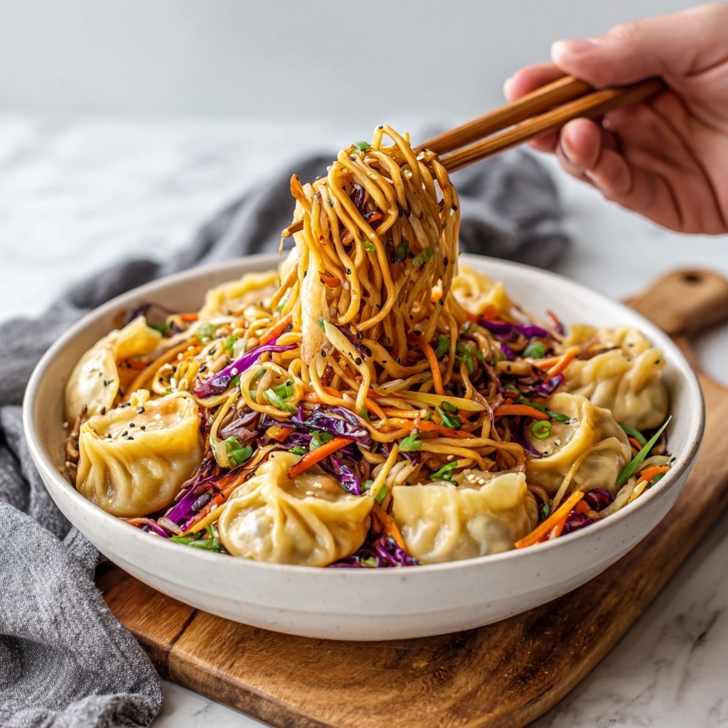 The dish shows a close-up of many layers in a white bowl with a white marbled texture background. The bottom layer is a dark brown sauce that looks thick and shiny. Above that is a mix of light yellow twisted noodles spread all around. Scattered on the noodles are small pieces of brown cooked ground meat and green chopped spring onions. Bright orange thin carrot strips, leafy dark green vegetables, and bits of purple cabbage add color and texture. On top and around the edges are plump yellow dumplings with slightly browned parts, soft and smooth in texture. The dish is sprinkled with light brown sesame seeds, adding a small contrast to the colorful ingredients. photo taken with an iphone --ar 4:5 --v 7