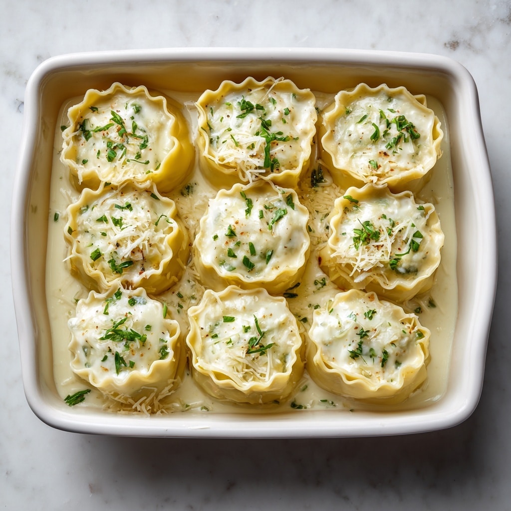A single rolled lasagna noodle with ruffled edges, golden yellow in color, sits on a white plate. It is filled with a creamy mixture of white cheese, spinach, and flecks of herbs, visible through the open end. The roll is covered in a smooth, white creamy sauce that pools around the base on the plate. Fresh green chopped parsley is sprinkled on top, adding a bright touch against the pale creamy sauce. In the background, there is a white dish holding more similar rolled lasagnas with the same sauce and parsley garnish, set on a white marbled surface. photo taken with an iphone --ar 4:5 --v 7